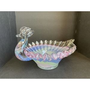 Italian Art Glass Bird of Paradise Ruffled Edge Dish Mid Century Pink & Blue